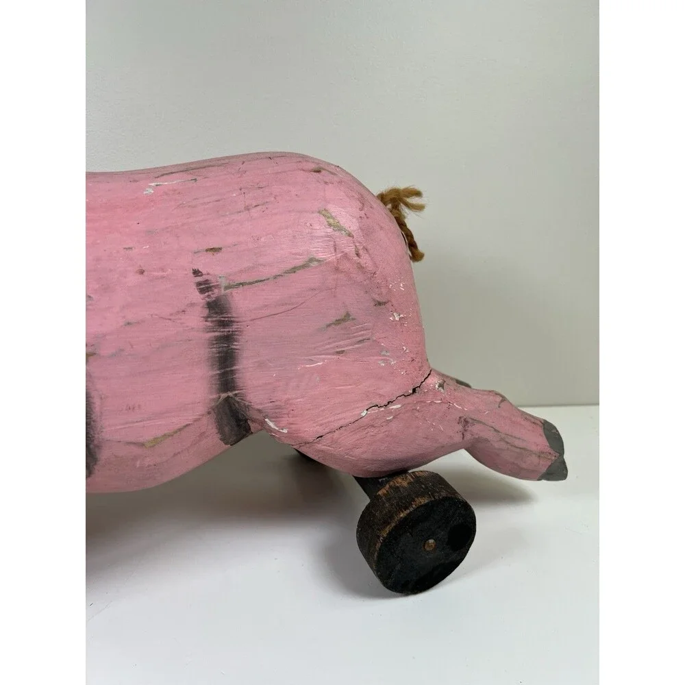 Vintage Handcrafted Carved Wooden Pig on Wheels Art Sculpture Statue Country